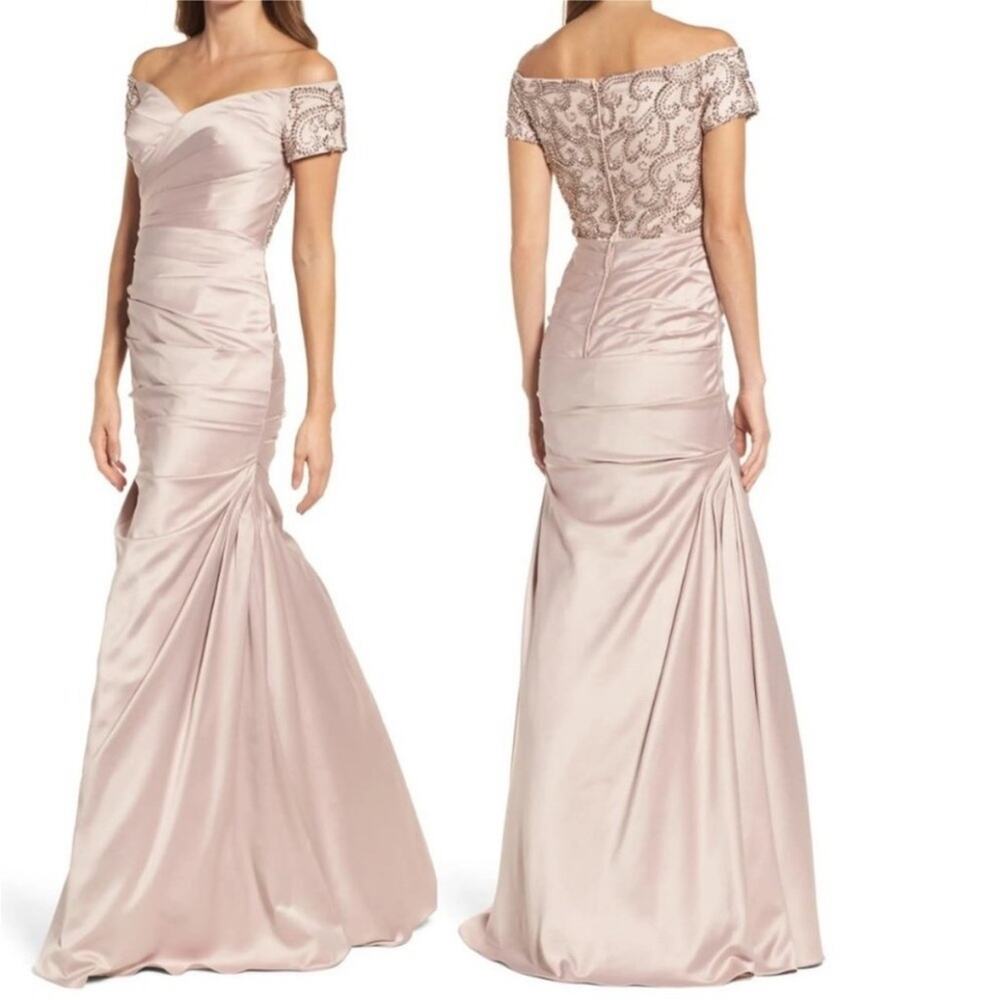 La Femme Blush Satin Off-Shoulder Embellished Maxi Gown